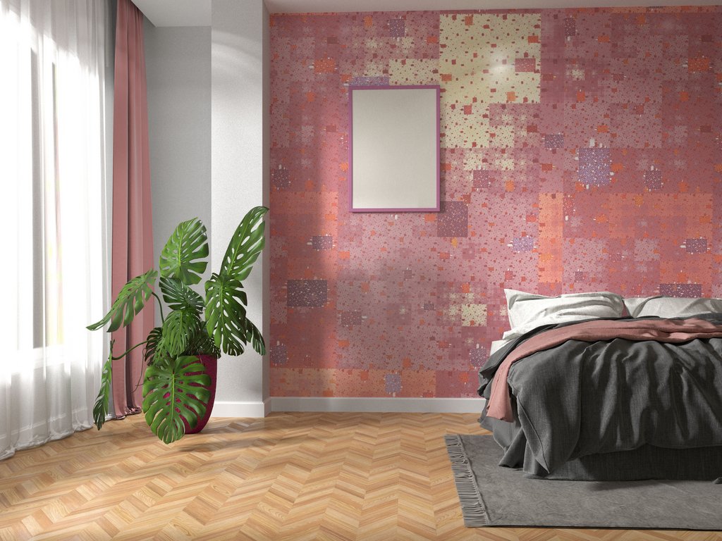 Parkettboden in einem Schlafzimmer mit pinker Wandfarbe.